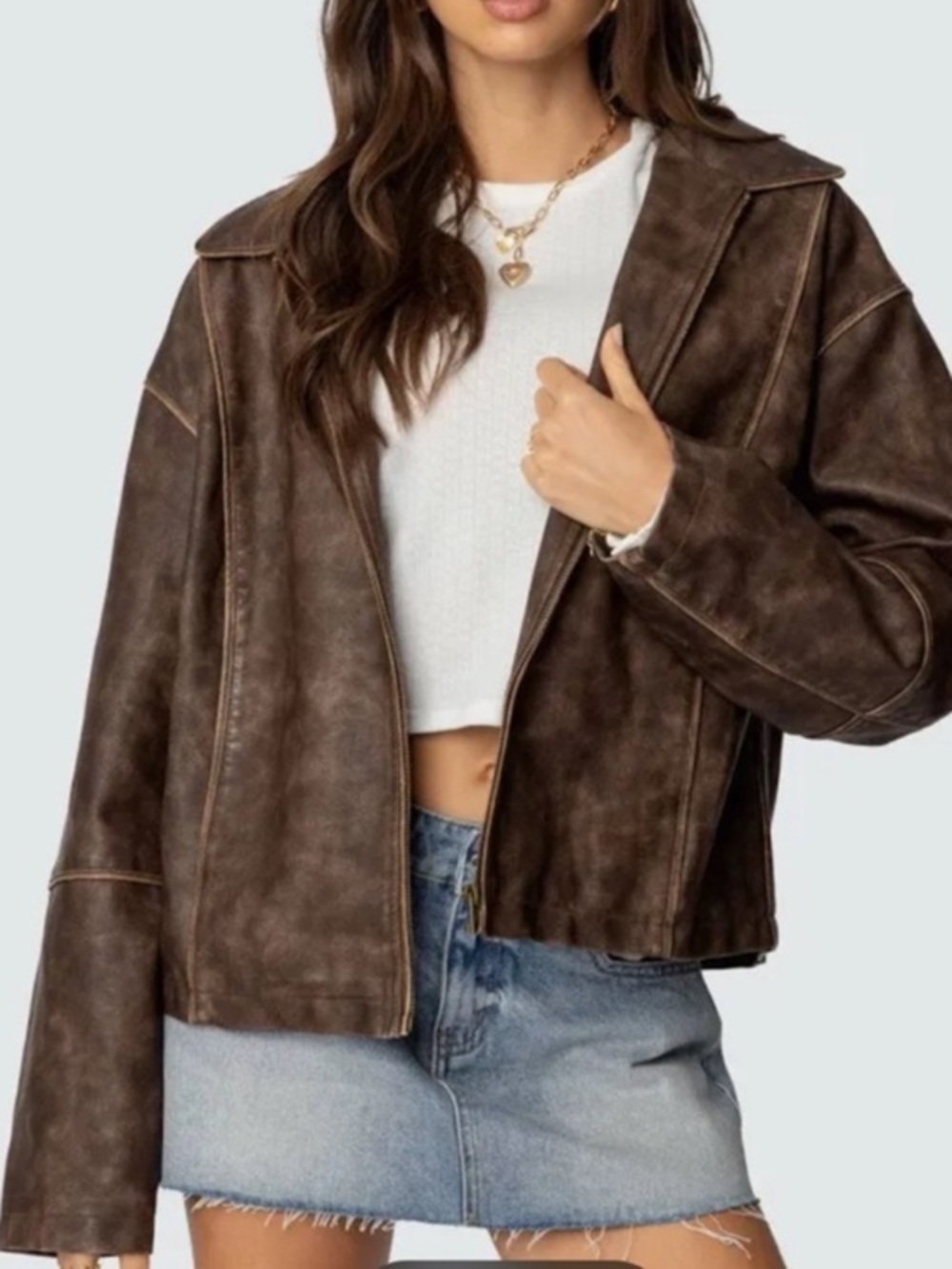 Edikted Faux Leather Oversized Jacket in Dark Brown